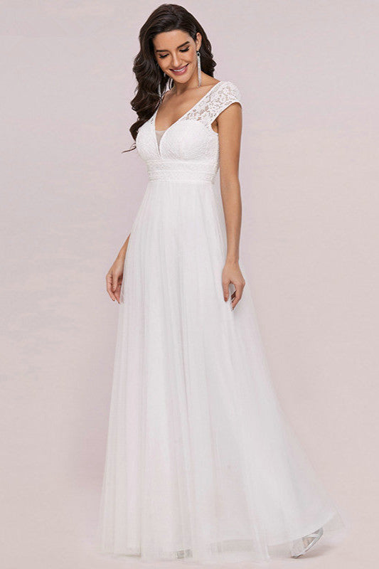 Lace Cap Sleeve Long Wedding Dress with Zipper Back