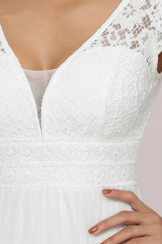 Lace Cap Sleeve Long Wedding Dress with Zipper Back