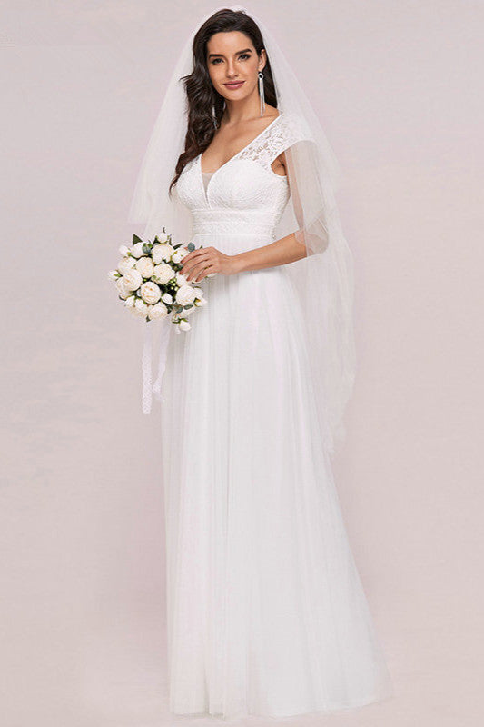 Lace Cap Sleeve Long Wedding Dress with Zipper Back