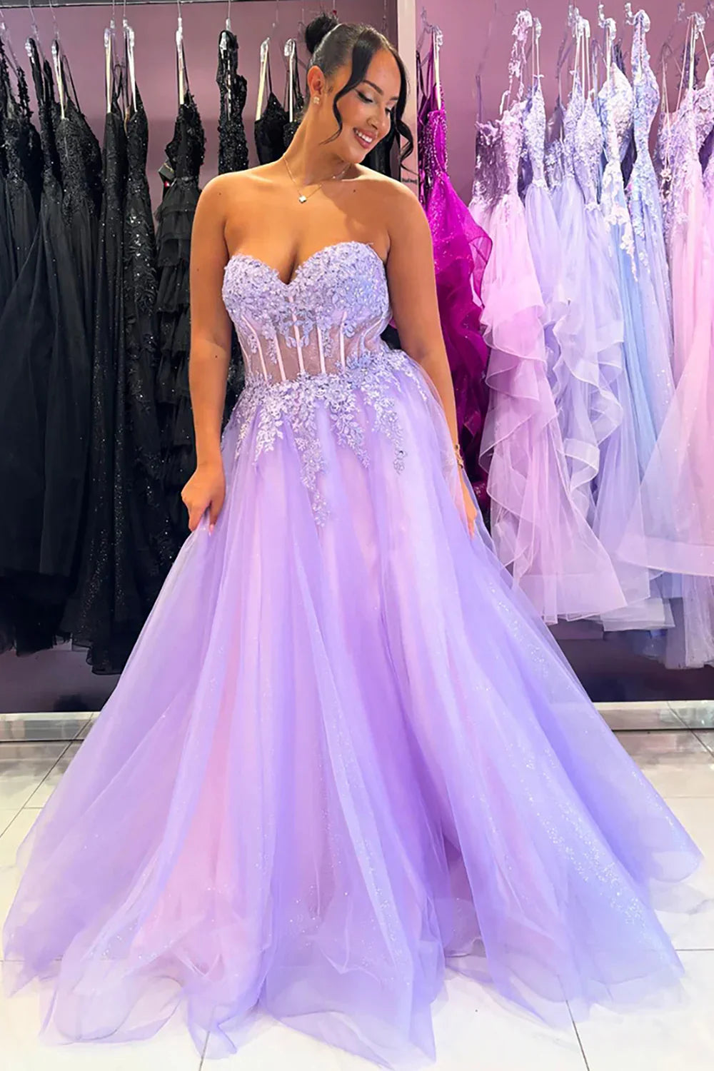 Lace Lilac Prom Dress Corset A Line Appliques Gala Dresses