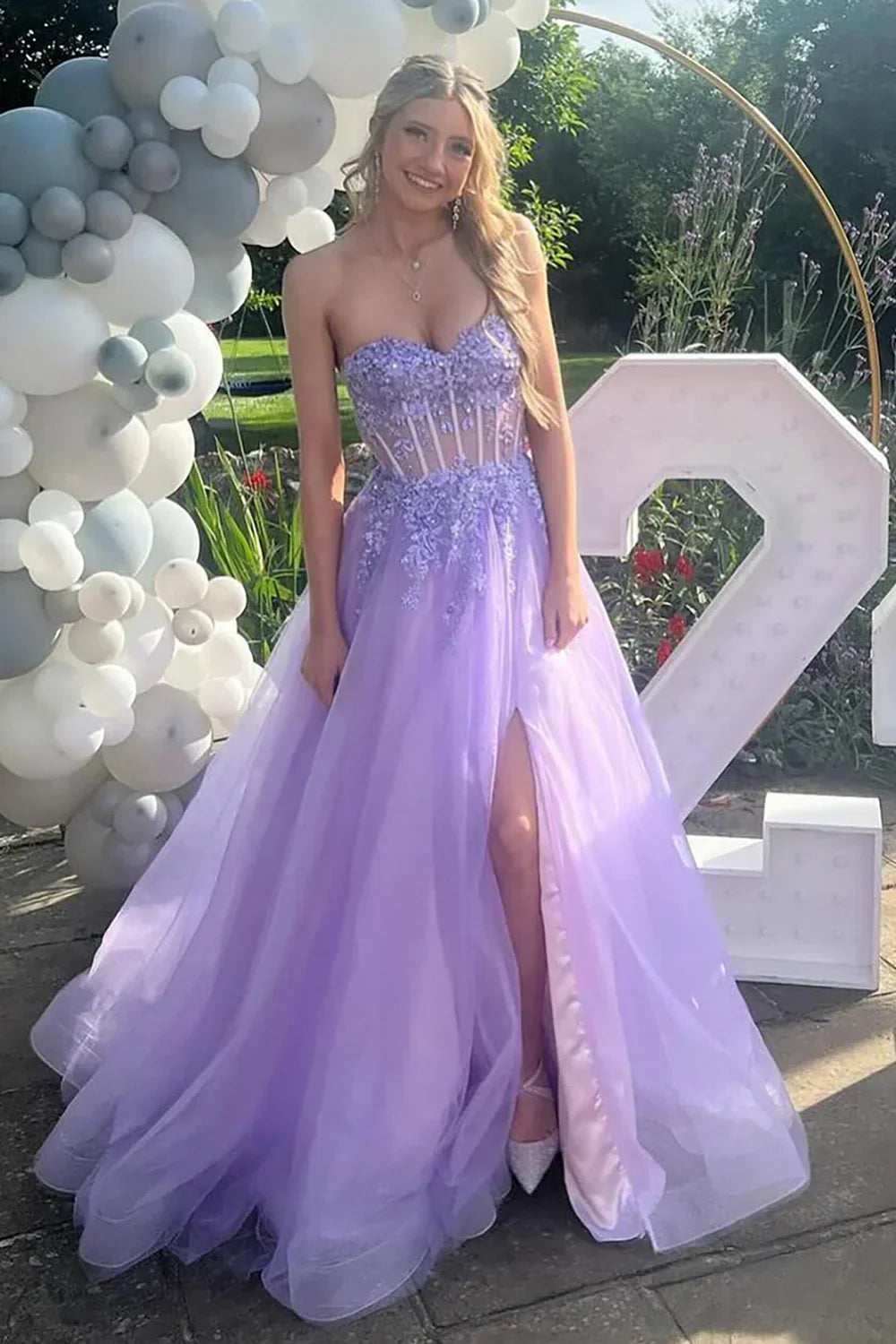 Lace Lilac Prom Dress Corset A Line Appliques Gala Dresses