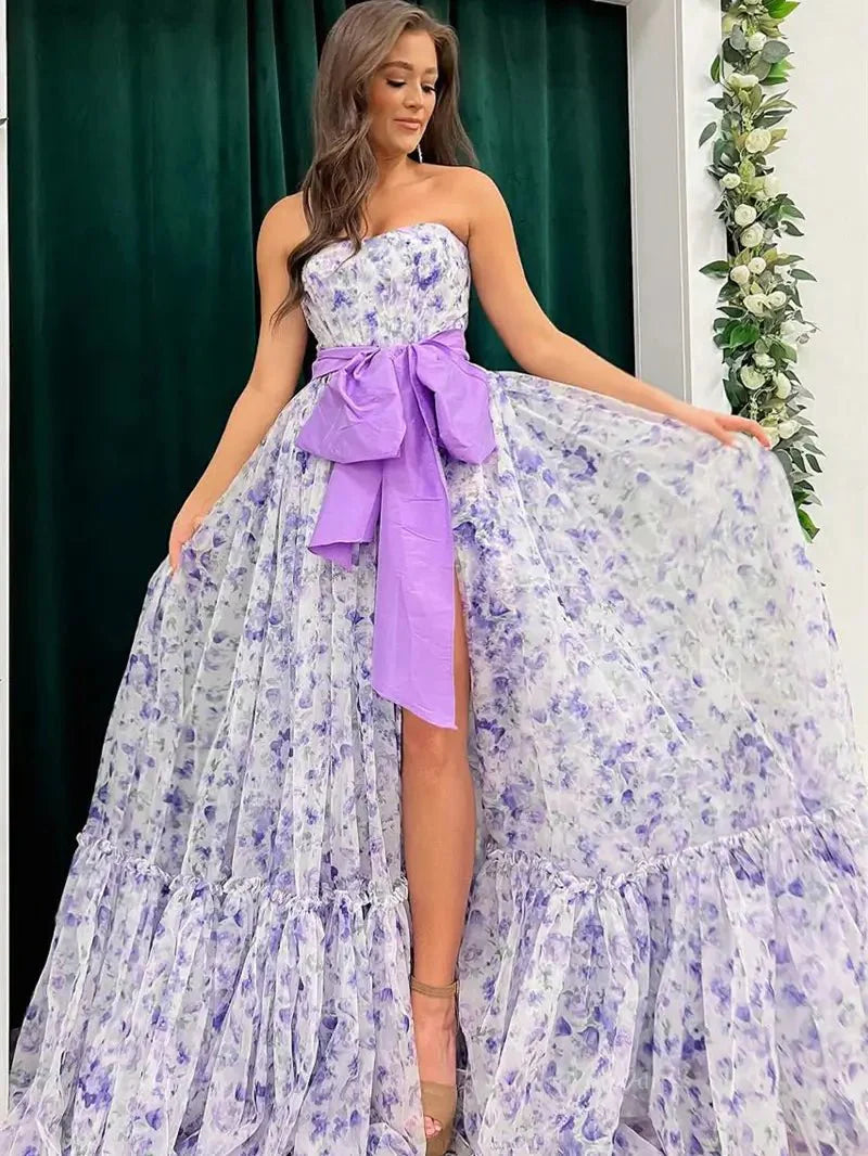 Lavender Floral Print Tulle Prom Dresses 2025 Strapless Bow Formal Gown with Slit - FD5304