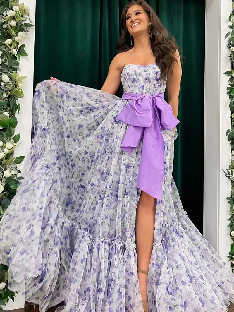 Lavender Floral Print Tulle Prom Dresses 2025 Strapless Bow Formal Gown with Slit - FD5304