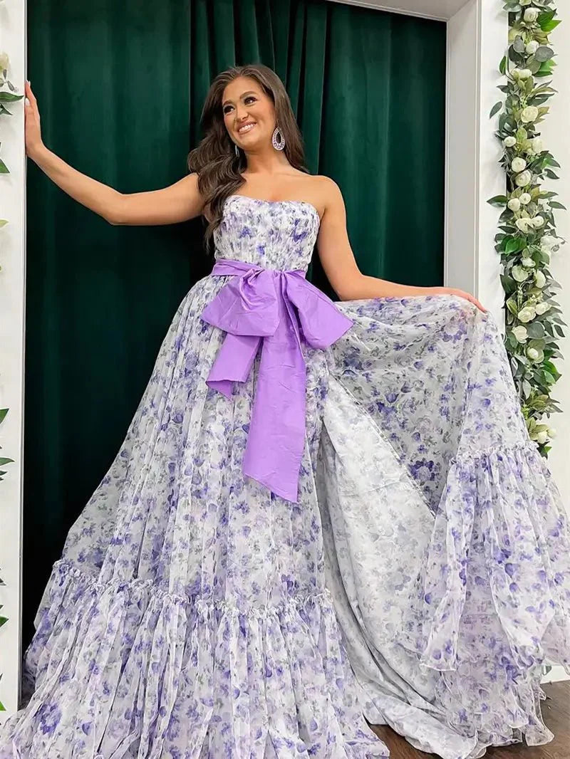 Lavender Floral Print Tulle Prom Dresses 2025 Strapless Bow Formal Gown with Slit - FD5304