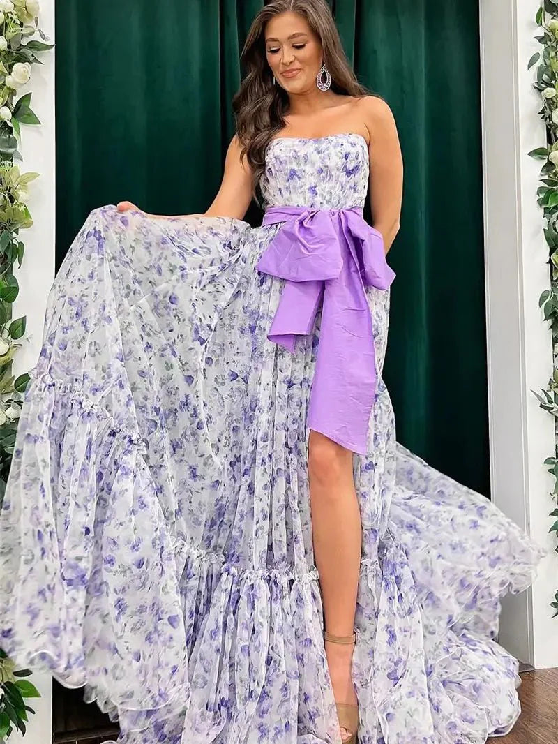 Lavender Floral Print Tulle Prom Dresses 2025 Strapless Bow Formal Gown with Slit - FD5304