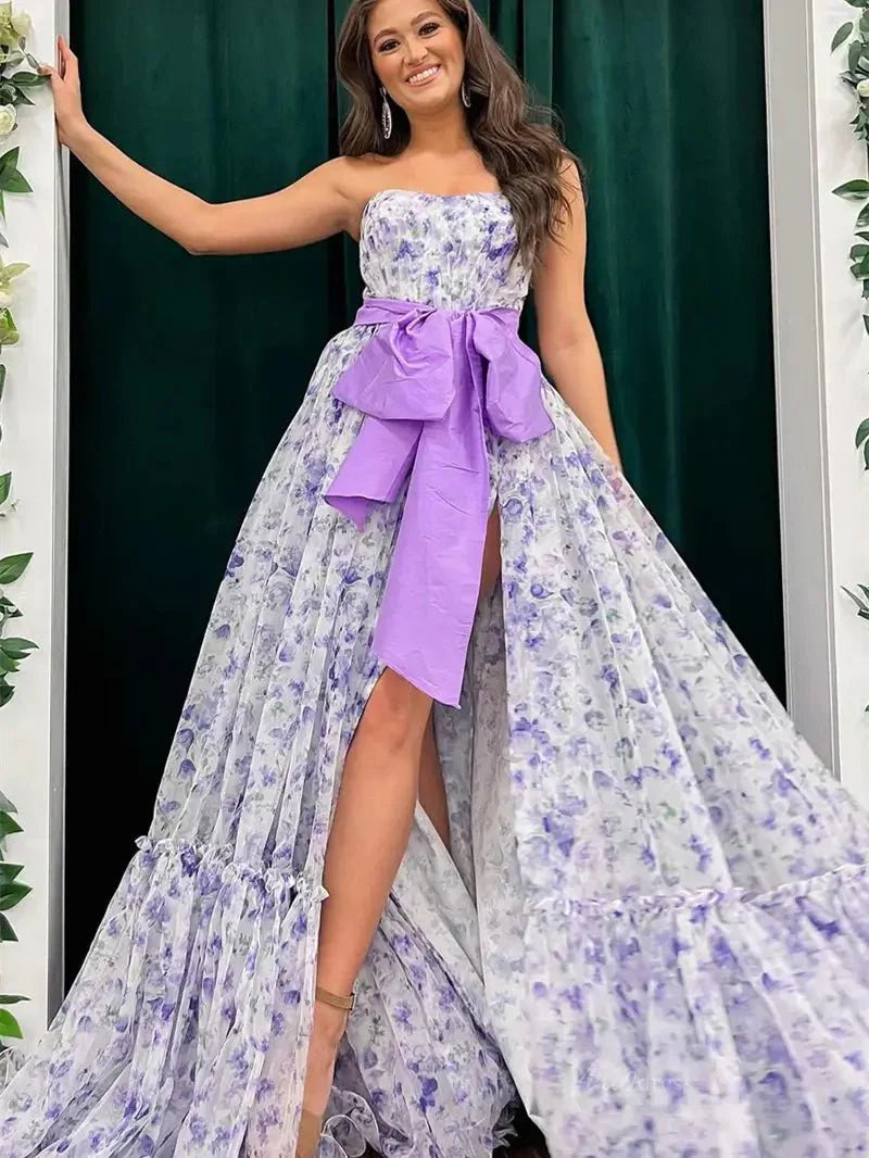 Lavender Floral Print Tulle Prom Dresses 2025 Strapless Bow Formal Gown with Slit - FD5304