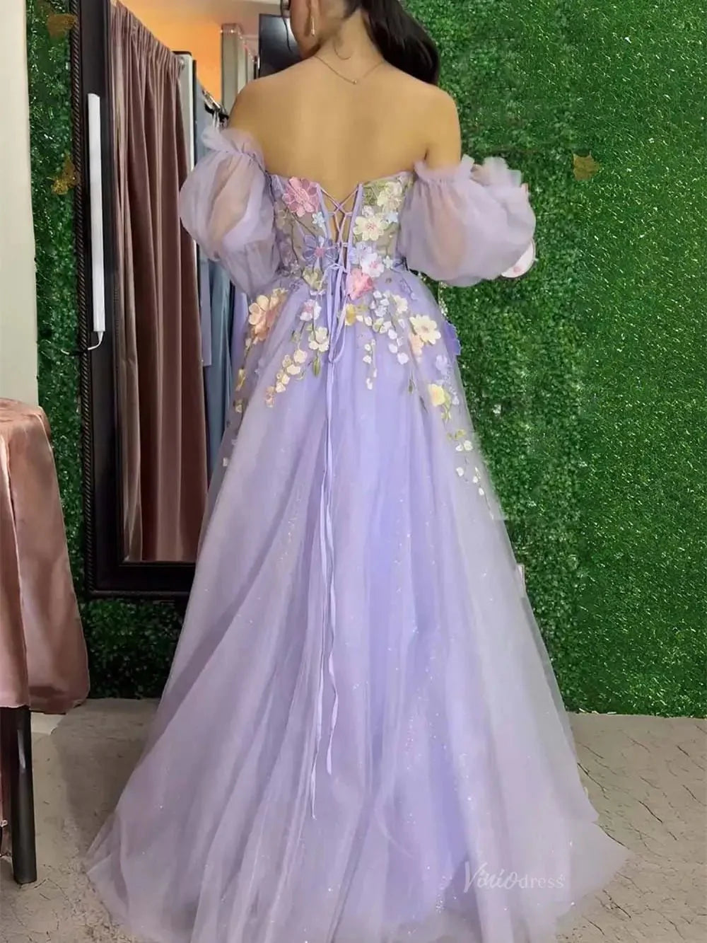 Lavender Floral Sparkly Tulle Prom Dresses 2025 Removable Long Sleeve Formal Gown with Slit - FD5321
