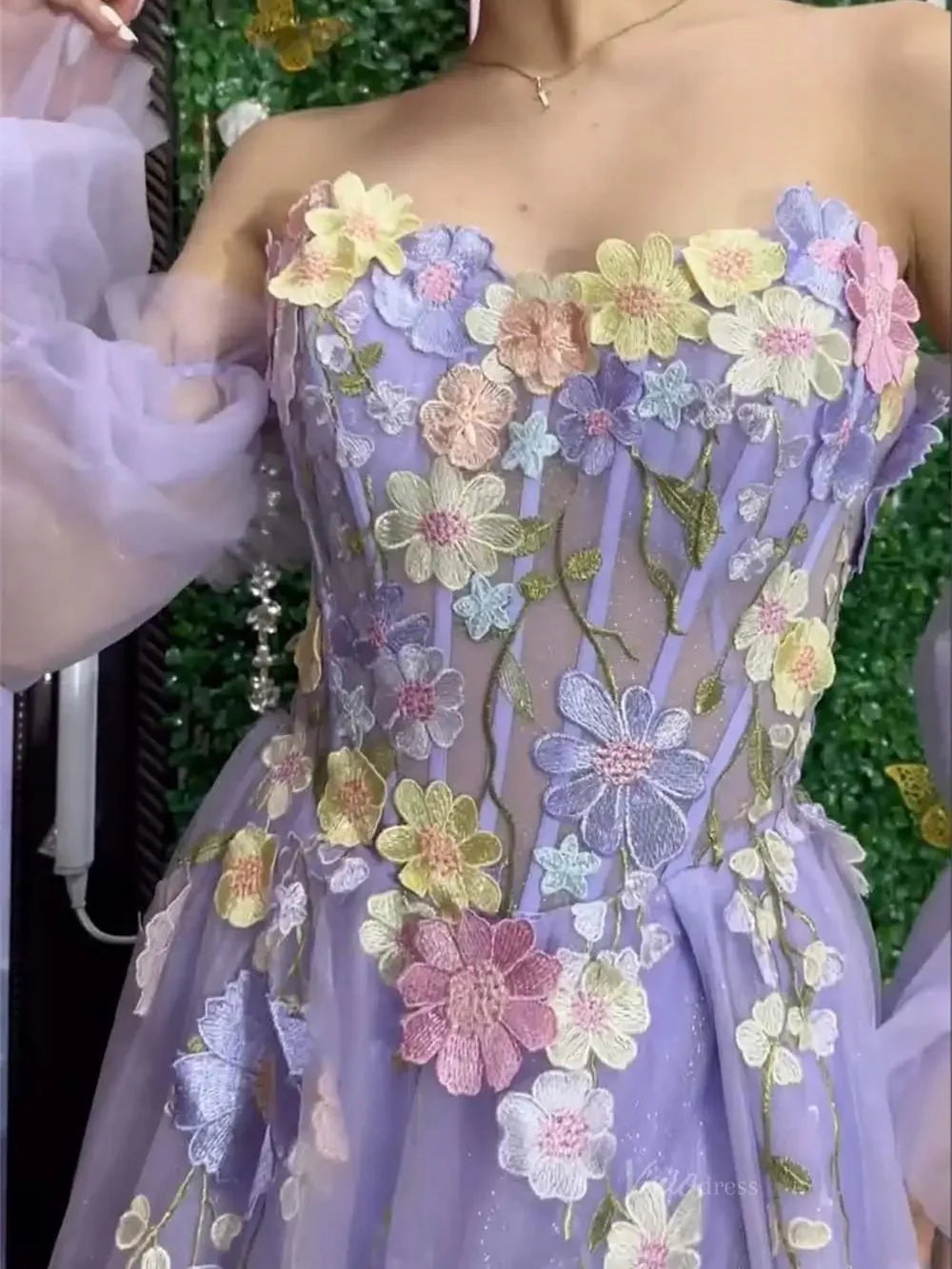 Lavender Floral Sparkly Tulle Prom Dresses 2025 Removable Long Sleeve Formal Gown with Slit - FD5321