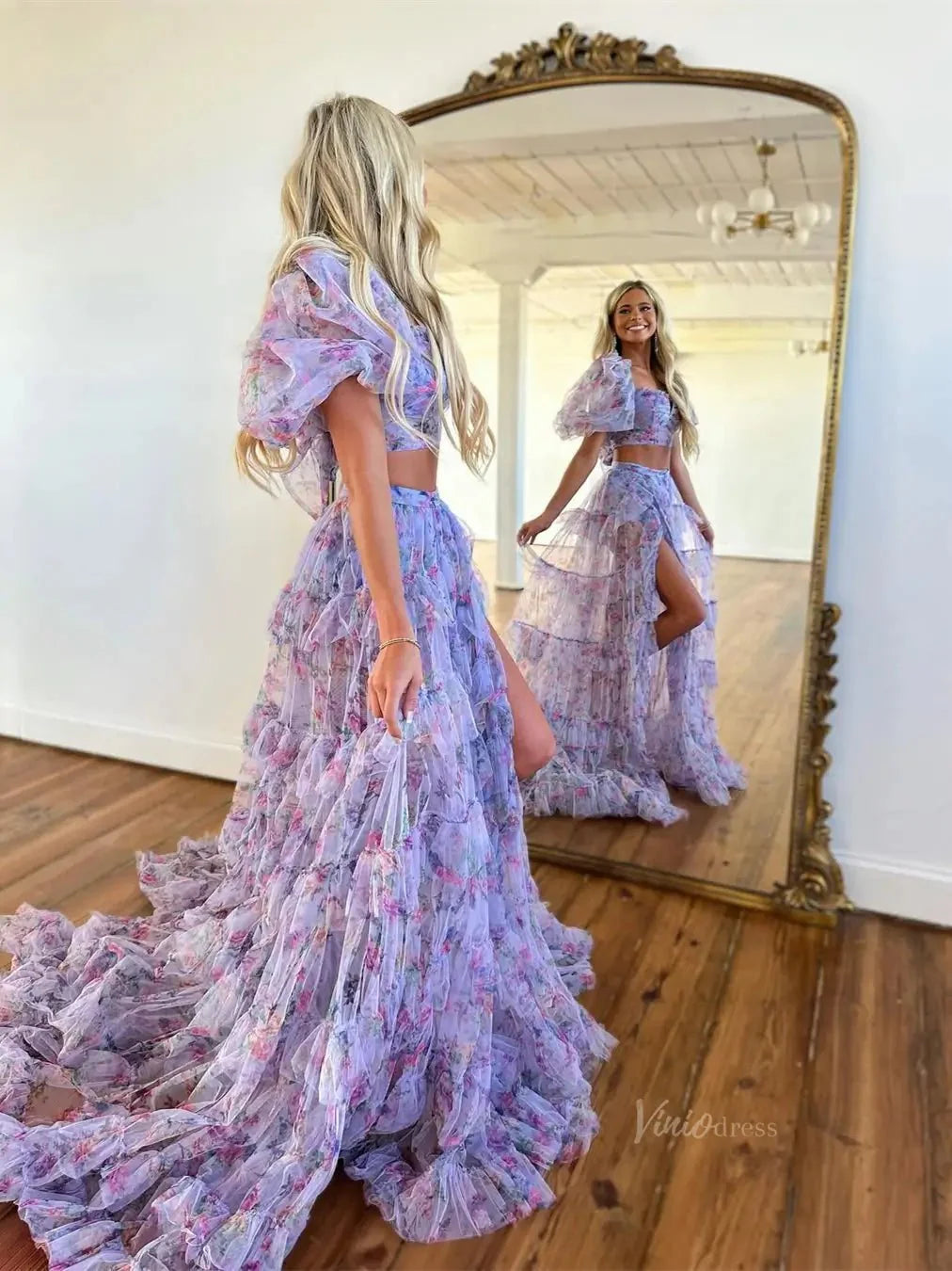 Lavender Floral Tulle Two Piece Prom Dresses 2025 Puffed Sleeve Formal Gown with Slit - FD5305