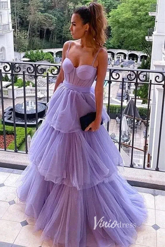 Lavender Ruffled Prom Dresses Spaghetti Strap Formal Gown FD3316