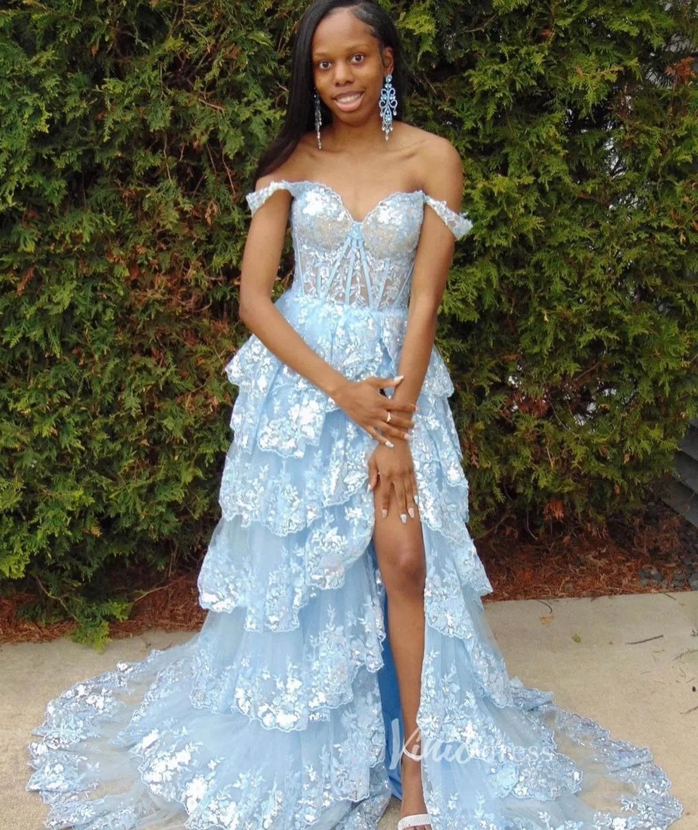 Lavender Sparkly Sequin Lace Prom Dresses with Slit, Tiered Ruffle Gowns with Straps FD3636