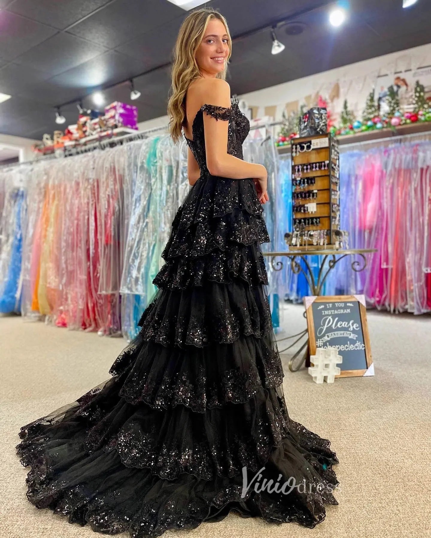 Lavender Sparkly Sequin Lace Prom Dresses with Slit, Tiered Ruffle Gowns with Straps FD3636