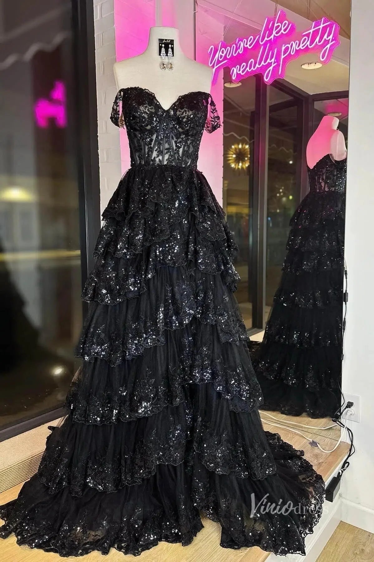 Lavender Sparkly Sequin Lace Prom Dresses with Slit, Tiered Ruffle Gowns with Straps FD3636