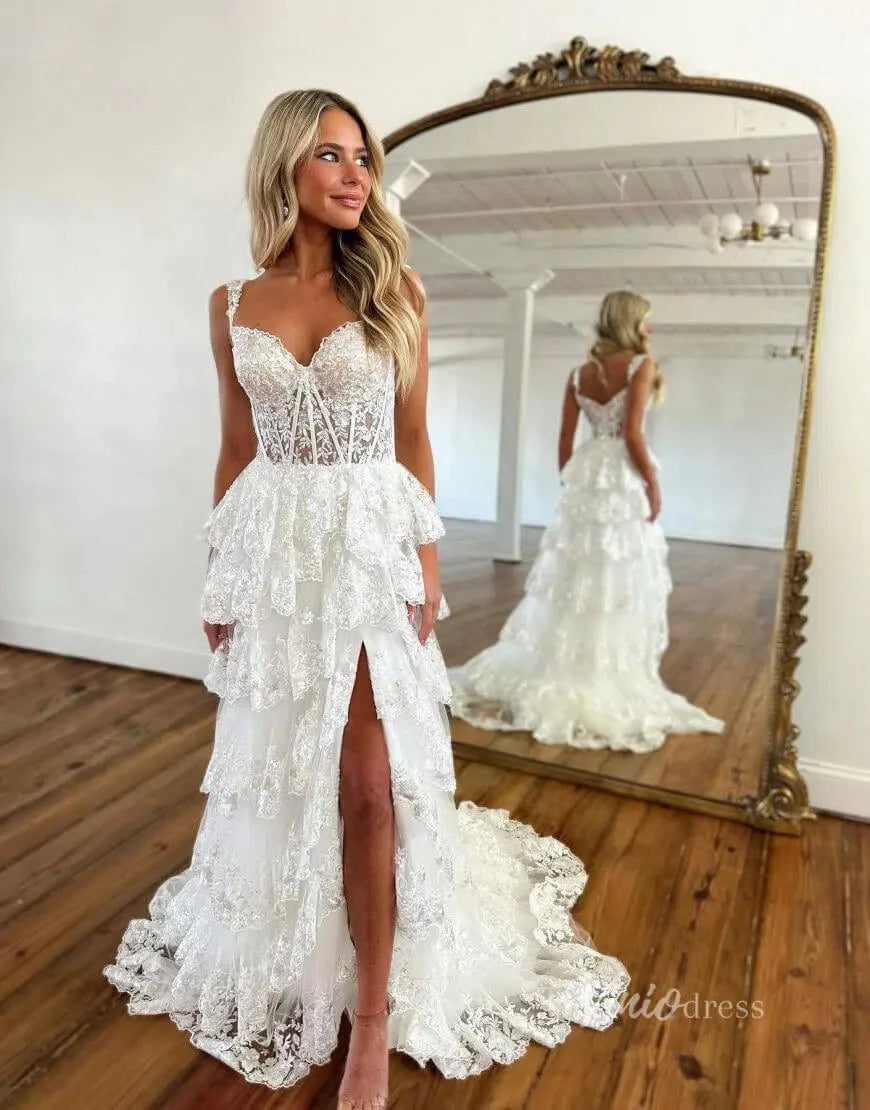 Lavender Sparkly Sequin Lace Prom Dresses with Slit, Tiered Ruffle Gowns with Straps FD3636