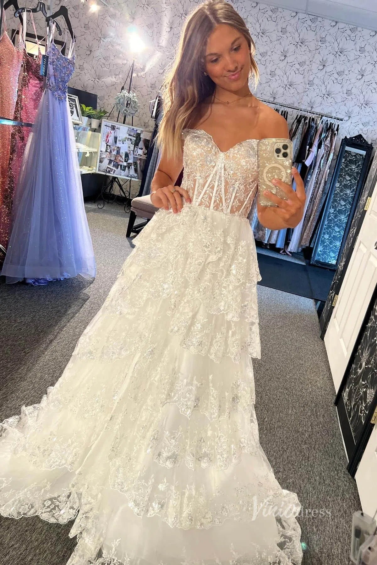 Lavender Sparkly Sequin Lace Prom Dresses with Slit, Tiered Ruffle Gowns with Straps FD3636