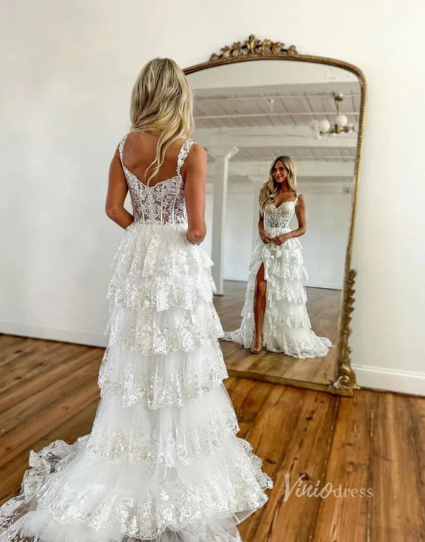 Lavender Sparkly Sequin Lace Prom Dresses with Slit, Tiered Ruffle Gowns with Straps FD3636