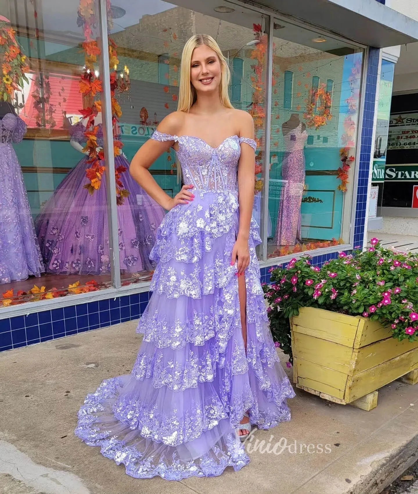 Lavender Sparkly Sequin Lace Prom Dresses with Slit, Tiered Ruffle Gowns with Straps FD3636