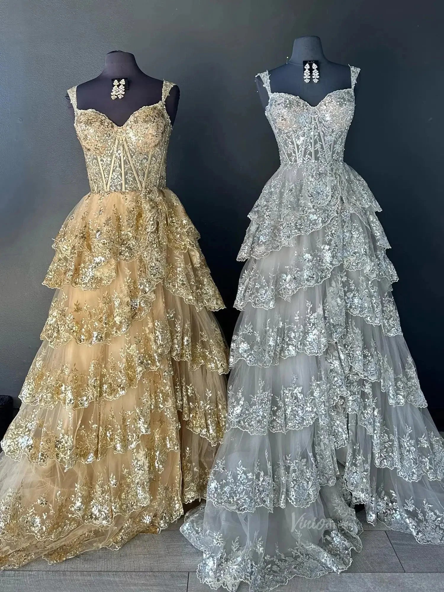 Lavender Sparkly Sequin Lace Prom Dresses with Slit, Tiered Ruffle Gowns with Straps FD3636