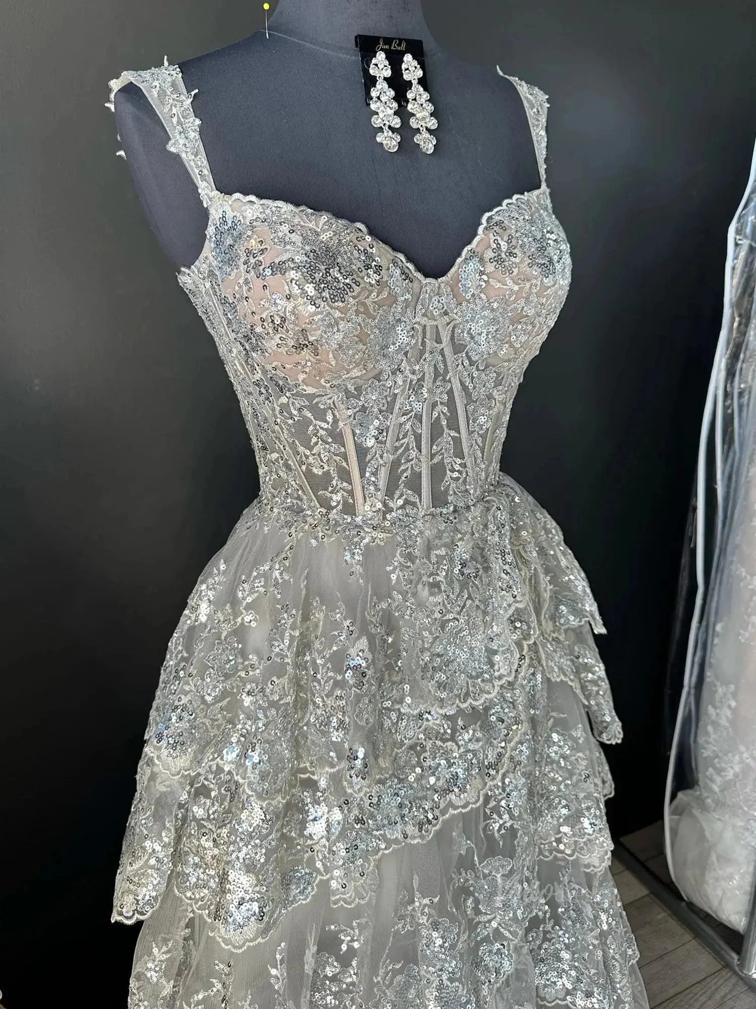 Lavender Sparkly Sequin Lace Prom Dresses with Slit, Tiered Ruffle Gowns with Straps FD3636