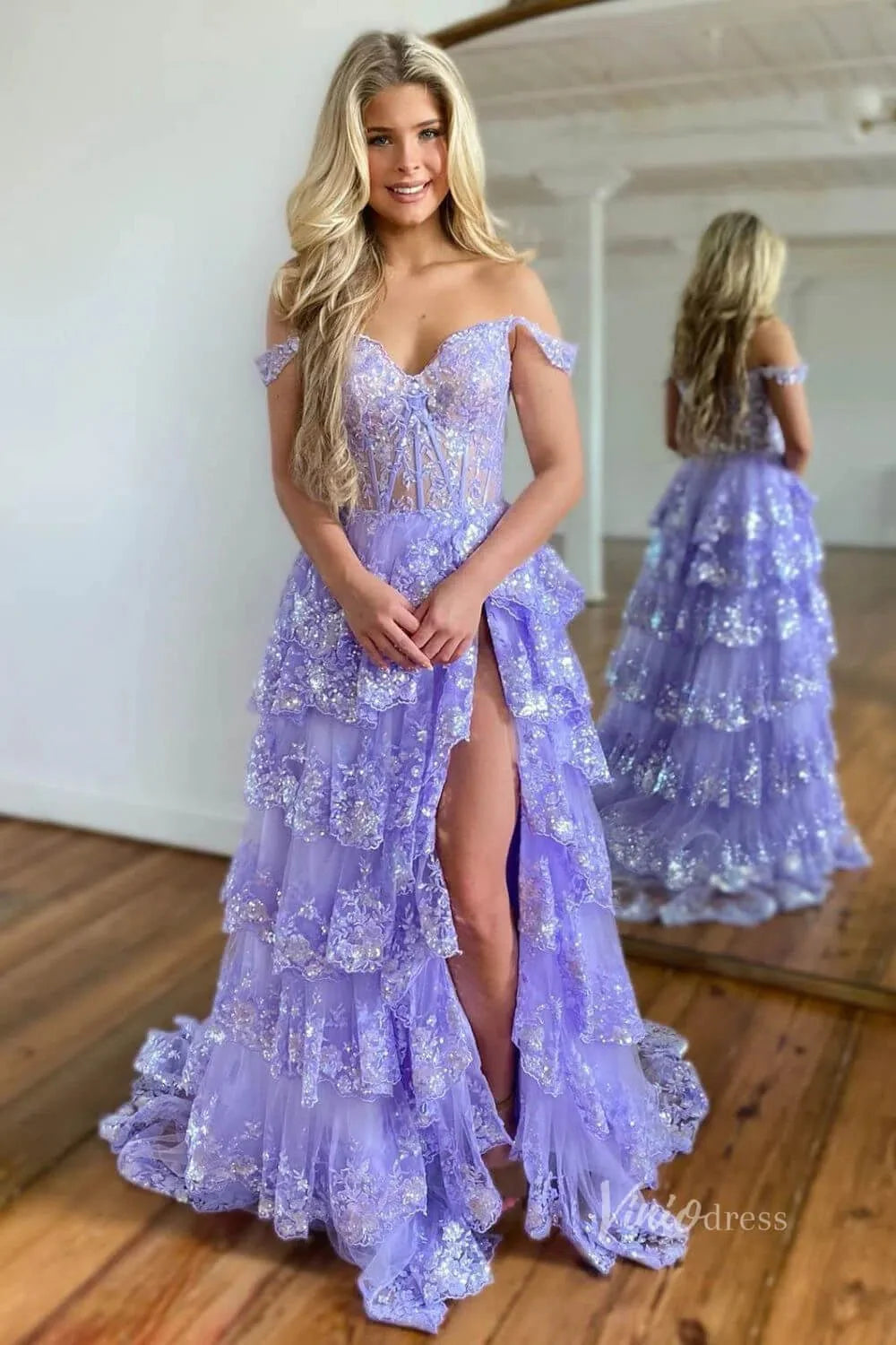 Lavender Sparkly Sequin Lace Prom Dresses with Slit, Tiered Ruffle Gowns with Straps FD3636