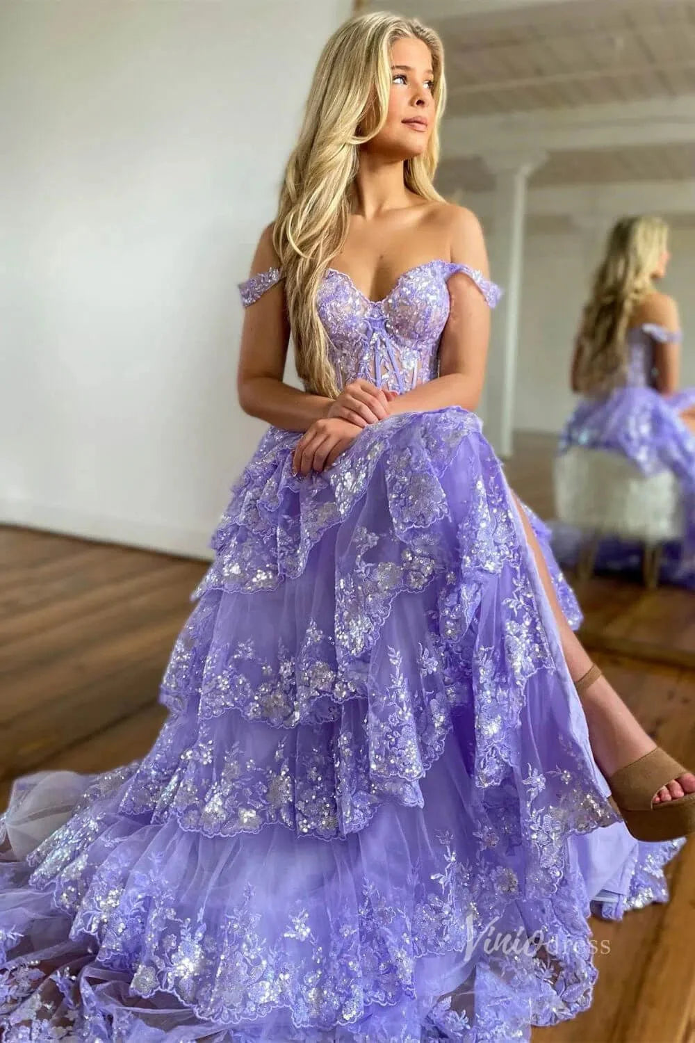 Lavender Sparkly Sequin Lace Prom Dresses with Slit, Tiered Ruffle Gowns with Straps FD3636