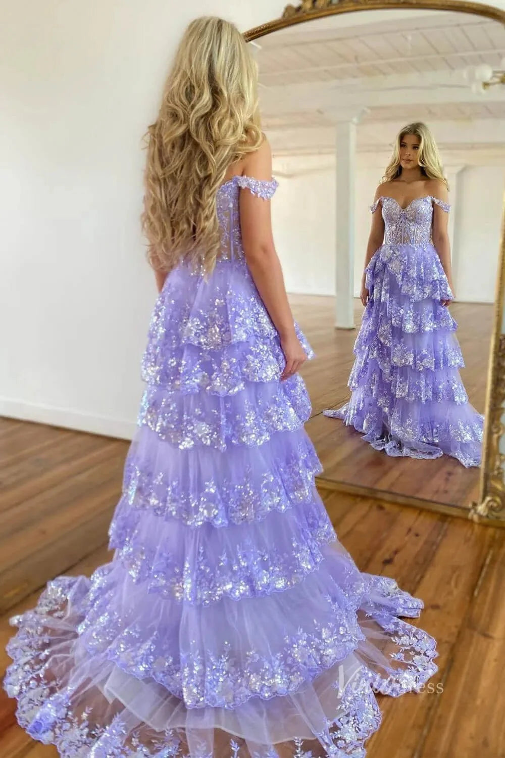 Lavender Sparkly Sequin Lace Prom Dresses with Slit, Tiered Ruffle Gowns with Straps FD3636