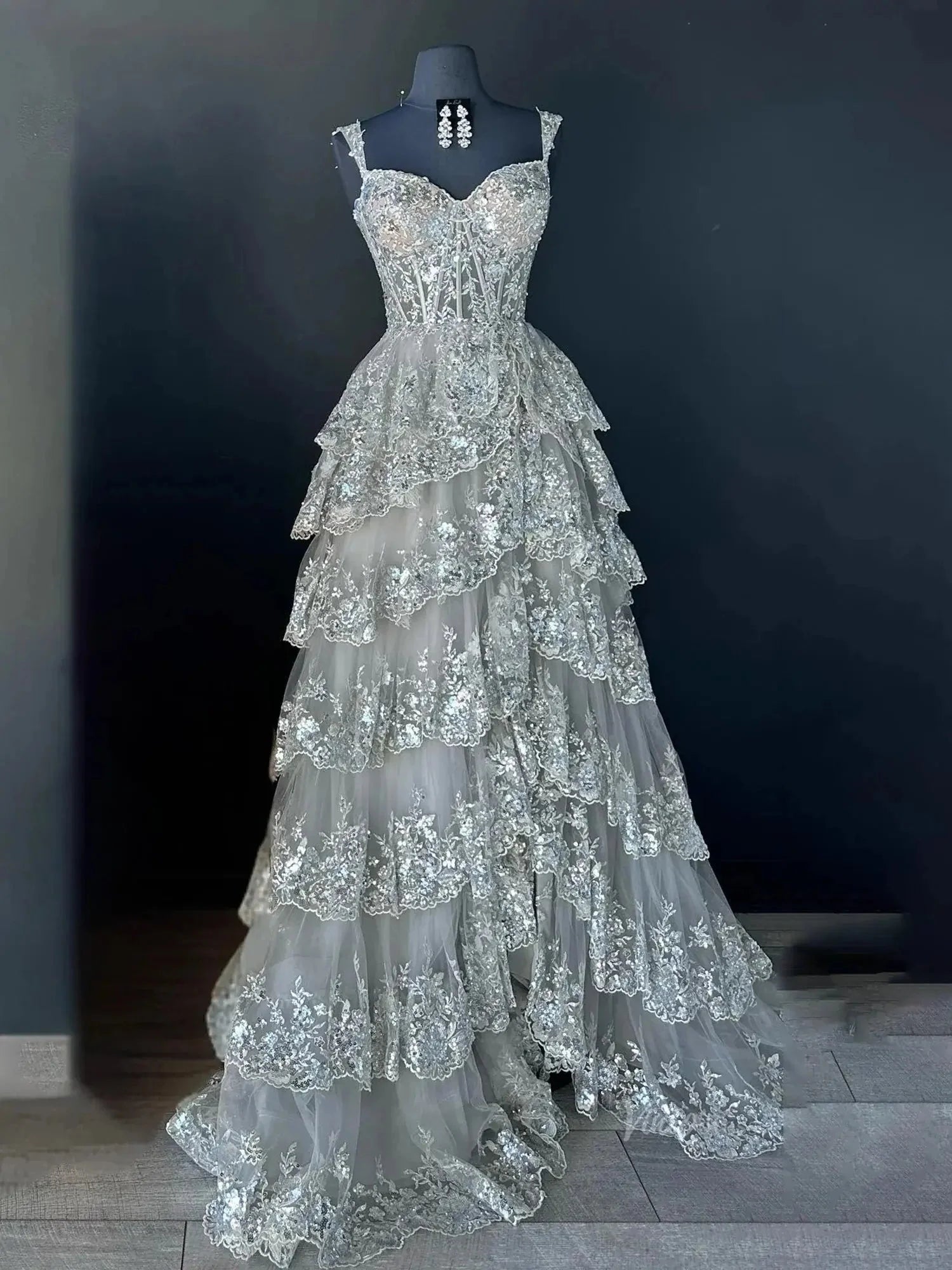 Lavender Sparkly Sequin Lace Prom Dresses with Slit, Tiered Ruffle Gowns with Straps FD3636