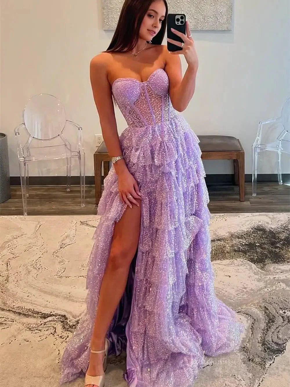 Lavender Sparkly Tulle Prom Dresses 2025 Ruffled Strapless Formal Gown with Slit FD3727