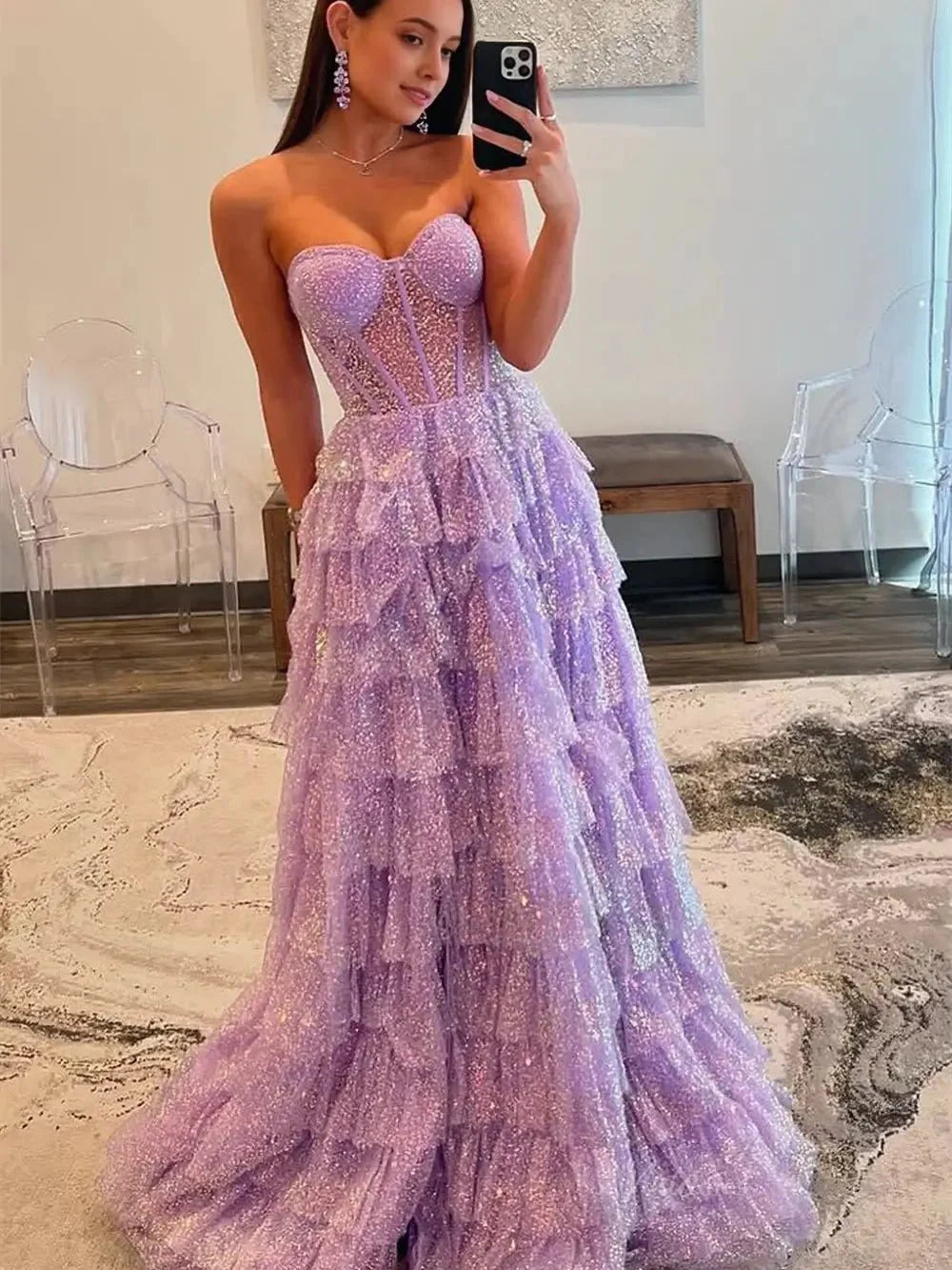 Lavender Sparkly Tulle Prom Dresses 2025 Ruffled Strapless Formal Gown with Slit FD3727