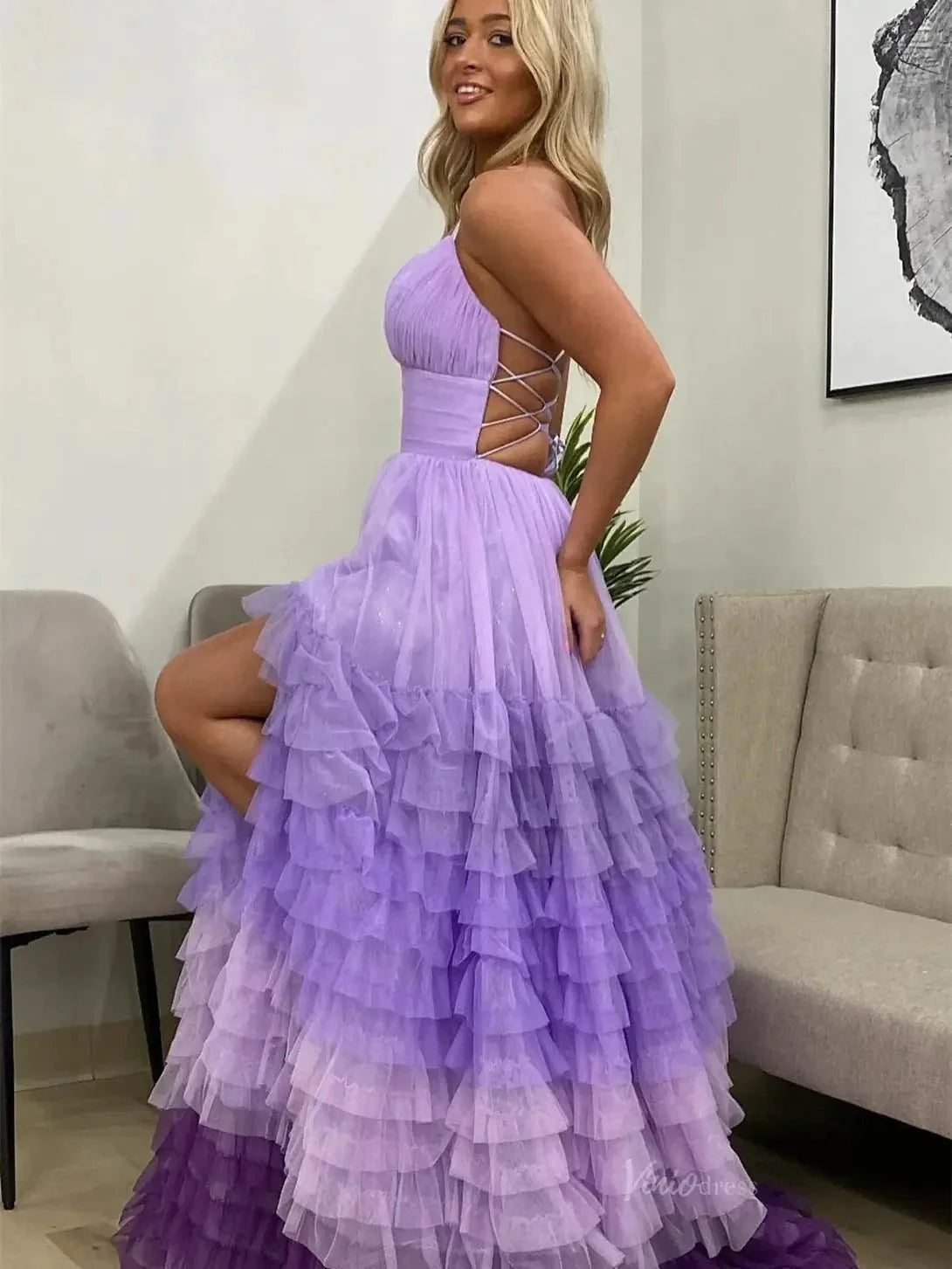 Lavender Tulle Prom Dresses 2025 Ruffled Spaghetti Strap Formal Gown with Slit FD3705