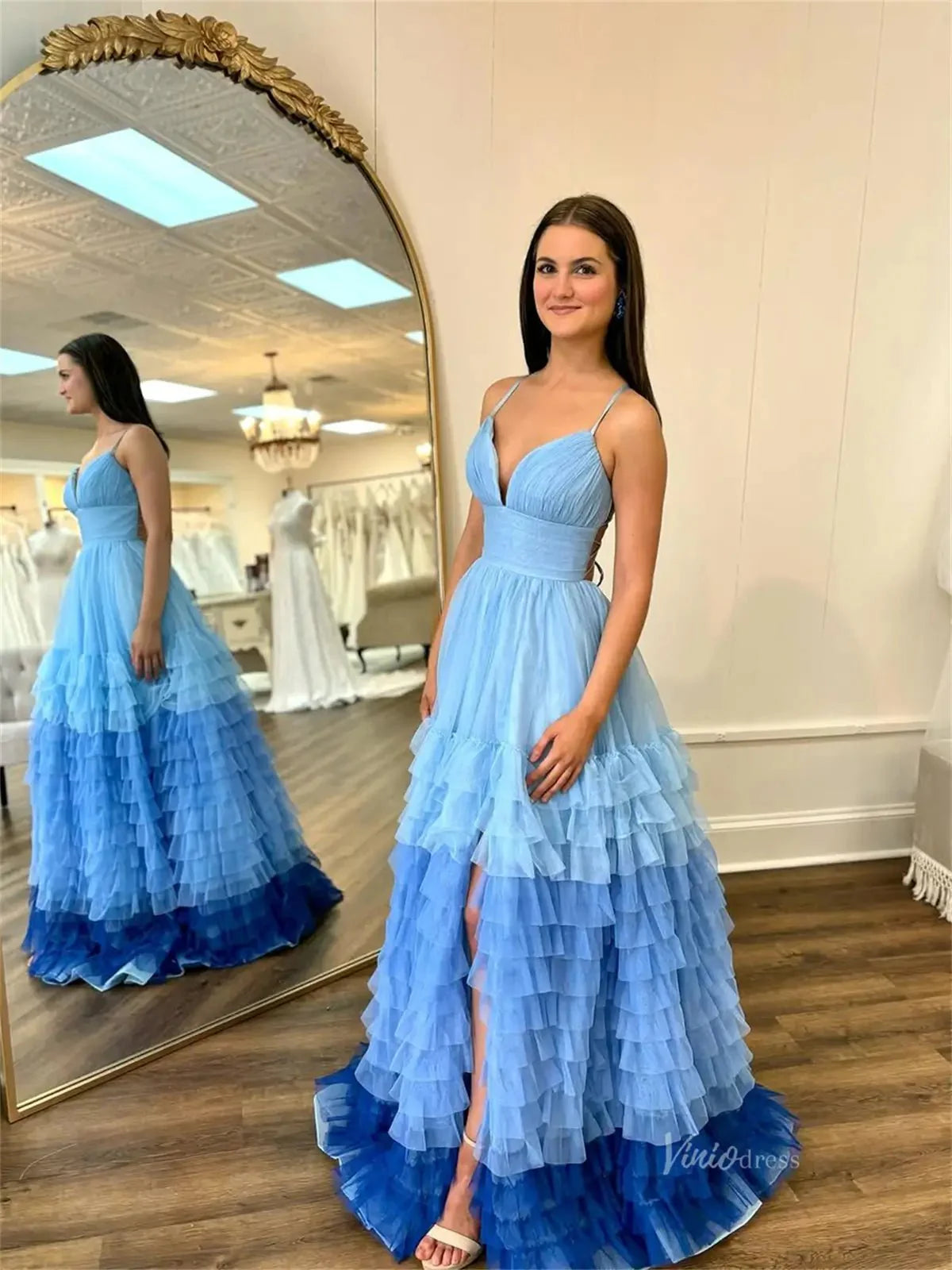 Lavender Tulle Prom Dresses 2025 Ruffled Spaghetti Strap Formal Gown with Slit FD3705