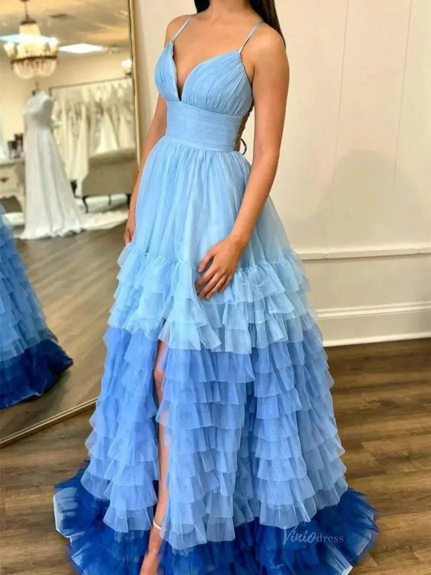 Lavender Tulle Prom Dresses 2025 Ruffled Spaghetti Strap Formal Gown with Slit FD3705