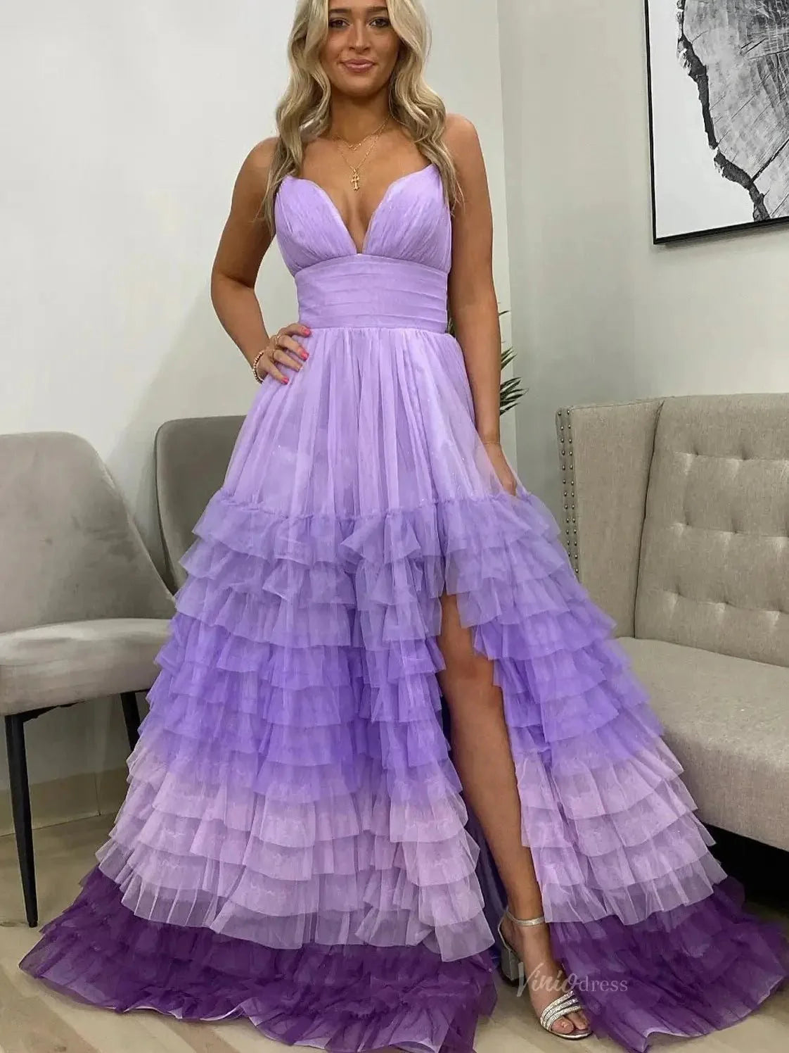 Lavender Tulle Prom Dresses 2025 Ruffled Spaghetti Strap Formal Gown with Slit FD3705
