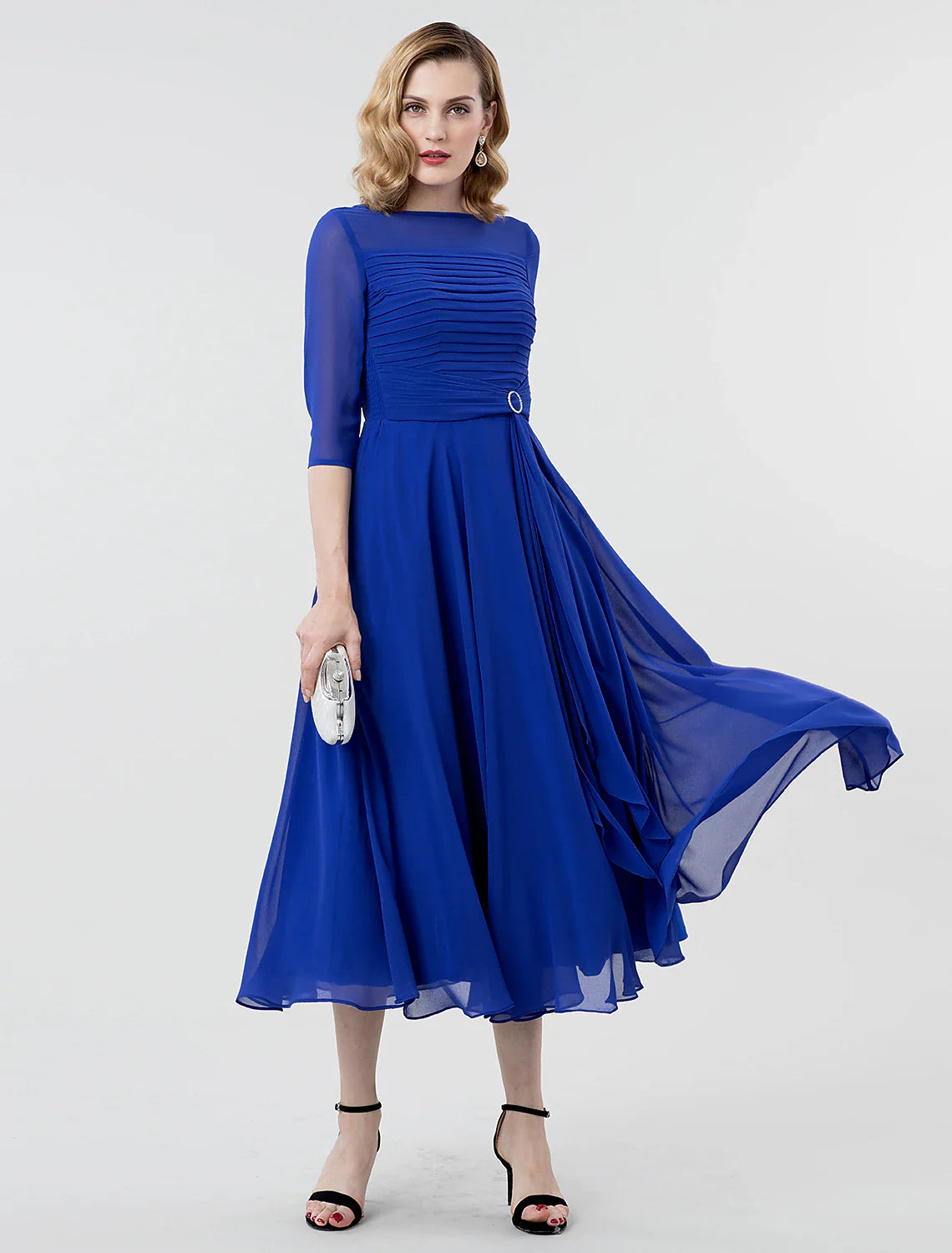 A-Line Elegant Formal Evening Wedding Party Dress Boat Neck 3/4 Length Sleeve Tea Length Georgette with Ruched Crystal Brooch 2024 / Illusion Sleeve