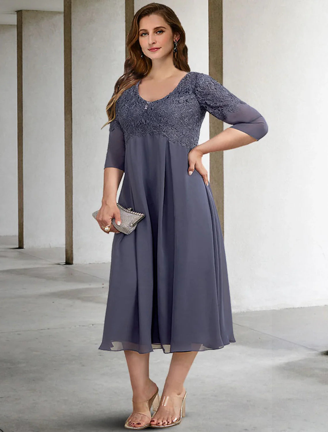 Aimishang  A-Line Mother of the Bride Dresses Plus Size Hide Belly Curve Elegant Dress Formal Tea Length Half Sleeve V Neck Chiffon with Buttons Appliques Fall