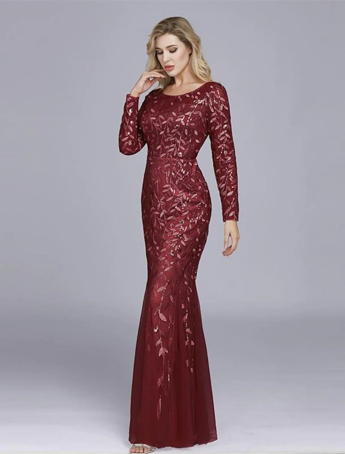 Mermaid / Trumpet Empire Elegant Party Wear Formal Evening Valentine's Day Dress Jewel Neck Long Sleeve Floor Length Tulle with Embroidery 2024 / Illusion Sleeve