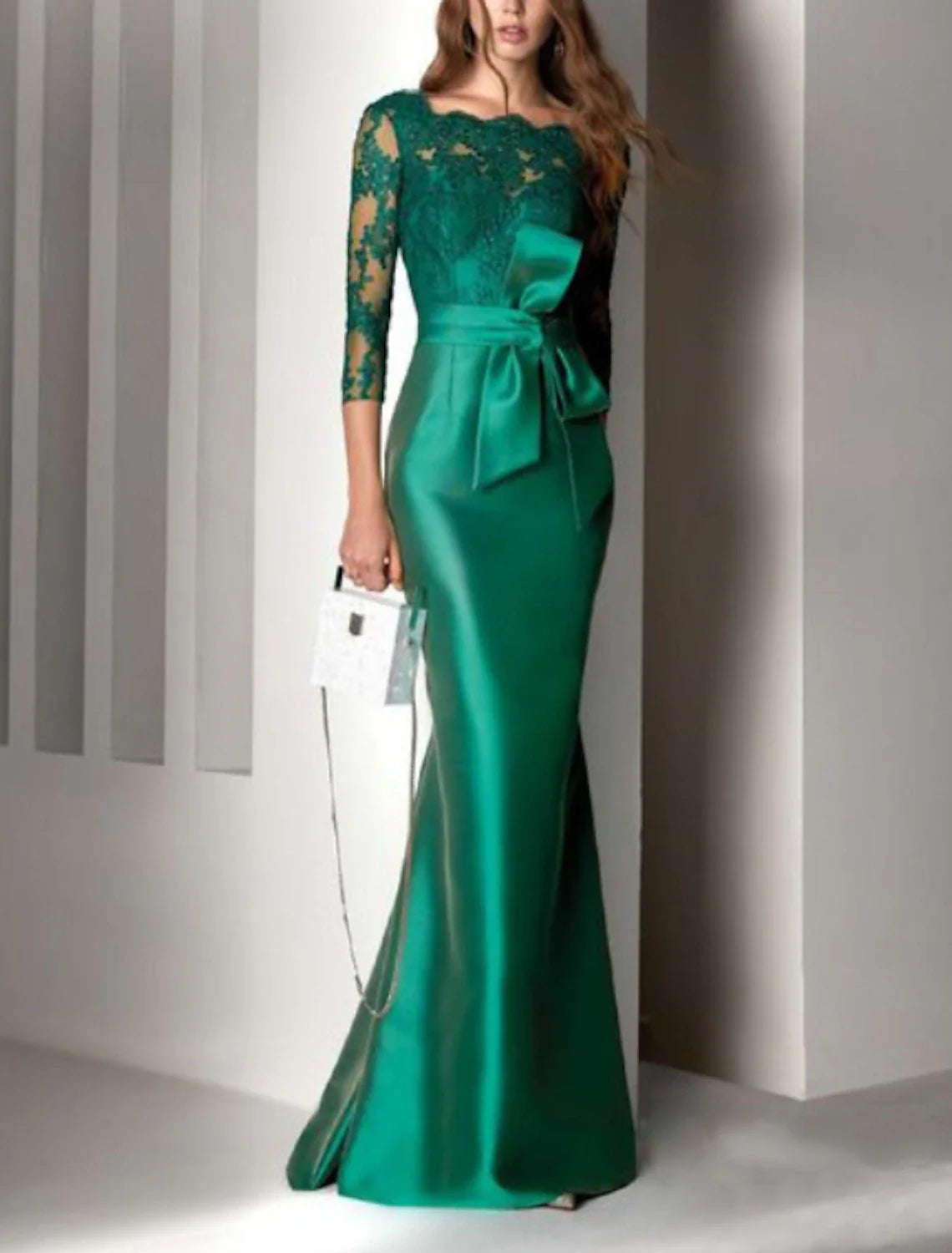 Aimishang Mermaid Beautiful Back Elegant Red Green Dress Formal Evening Dress Scalloped Neckline V Back 3/4 Length Sleeve Floor Length Lace with Sash / Ribbon Embroidery