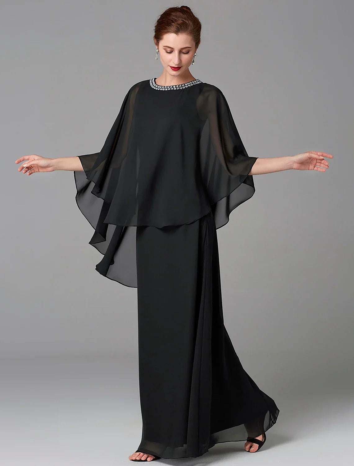 Aimishang  A-Line Mother of the Bride Dress Wedding Guest Plus Size Elegant Jewel Neck Floor Length Chiffon Sleeveless with Beading Fall