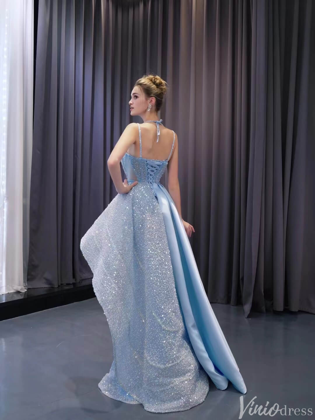 Light Blue Beaded Prom Dresses Asymmetric Skirt Evening Gown 222216