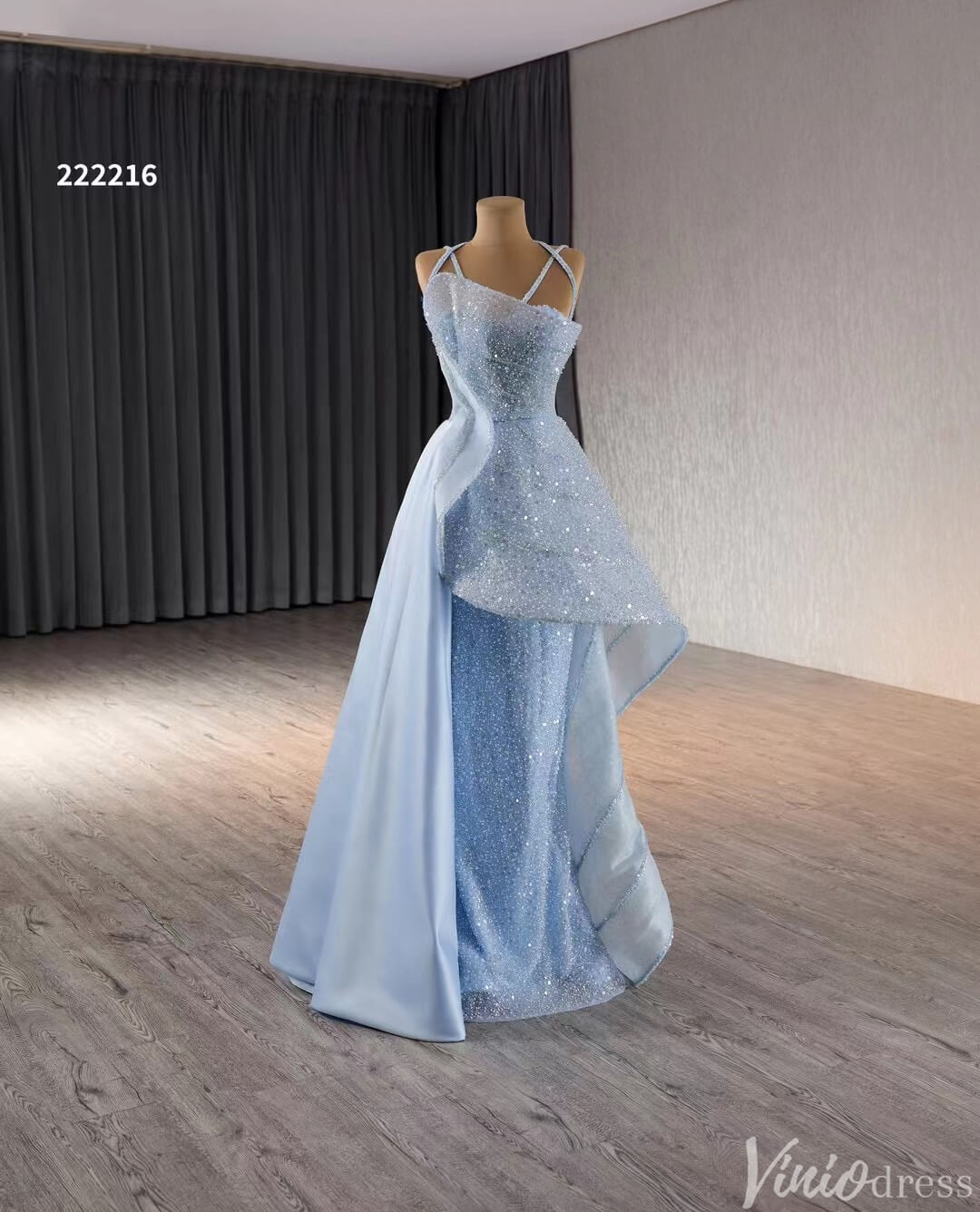 Light Blue Beaded Prom Dresses Asymmetric Skirt Evening Gown 222216