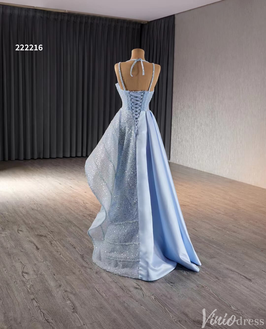 Light Blue Beaded Prom Dresses Asymmetric Skirt Evening Gown 222216
