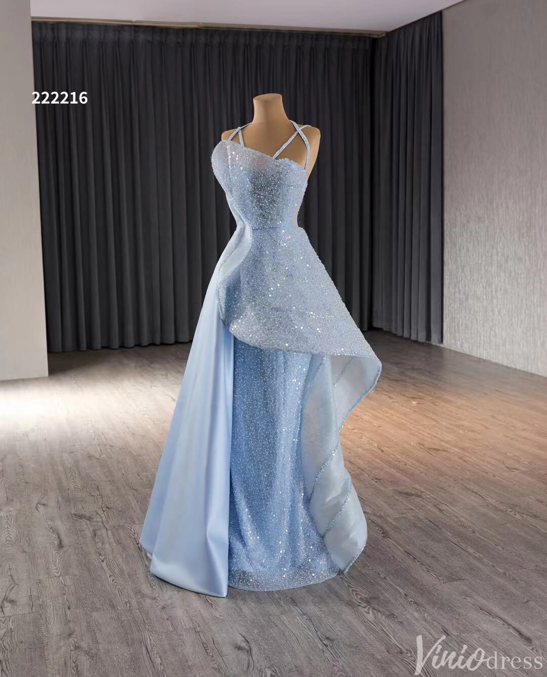 Light Blue Beaded Prom Dresses Asymmetric Skirt Evening Gown 222216
