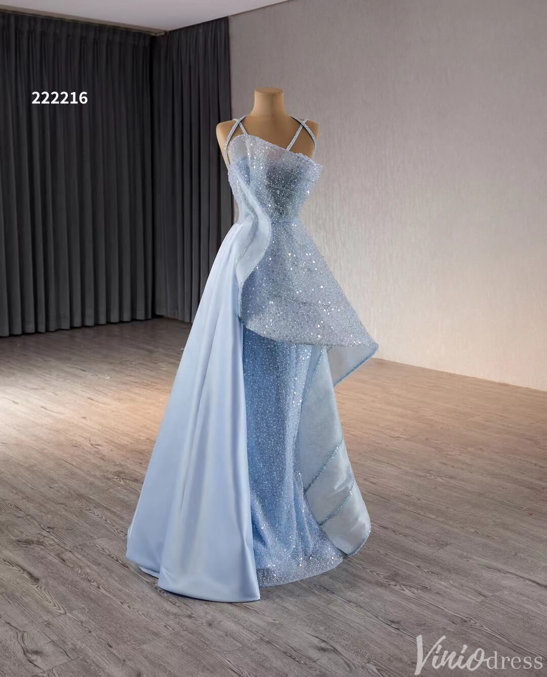 Light Blue Beaded Prom Dresses Asymmetric Skirt Evening Gown 222216