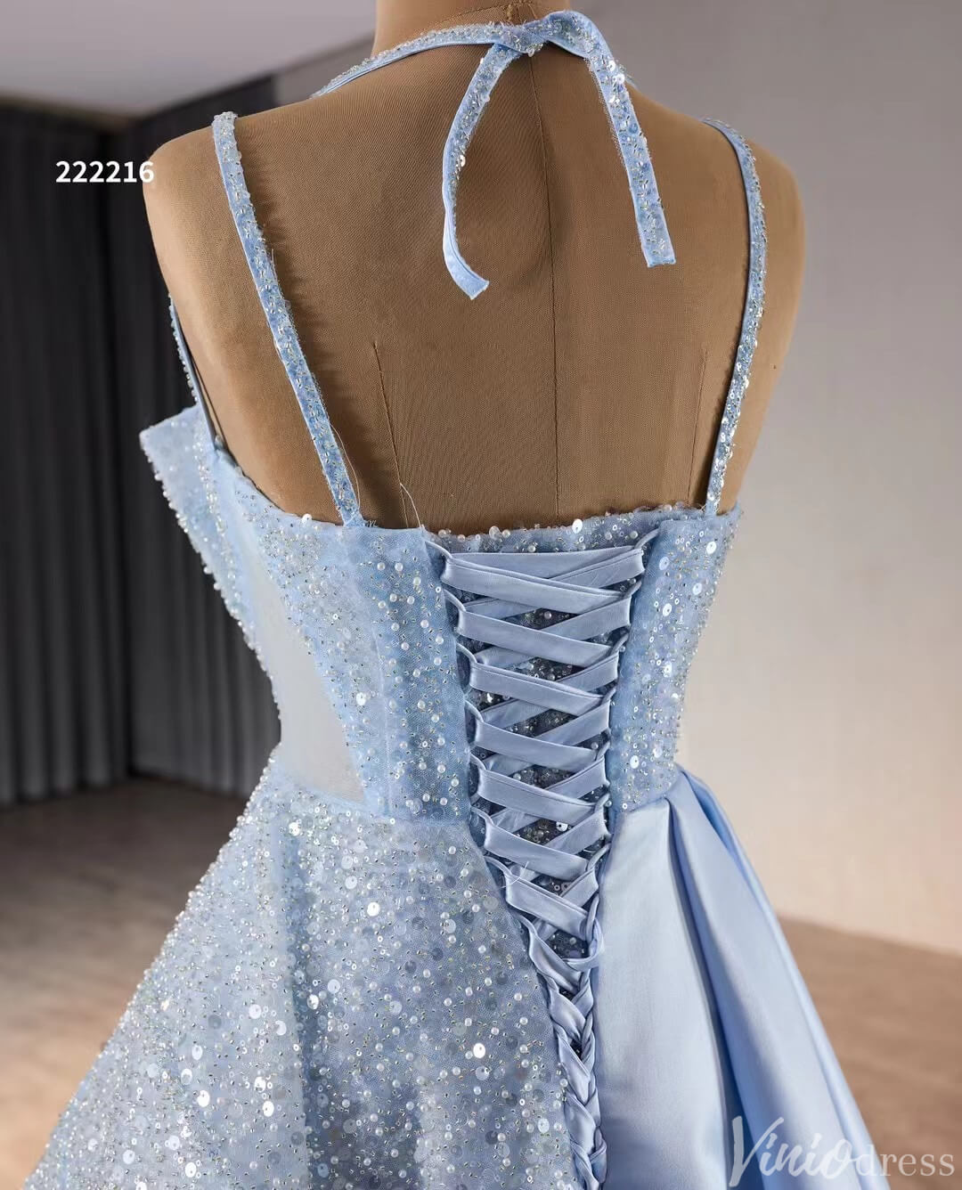 Light Blue Beaded Prom Dresses Asymmetric Skirt Evening Gown 222216