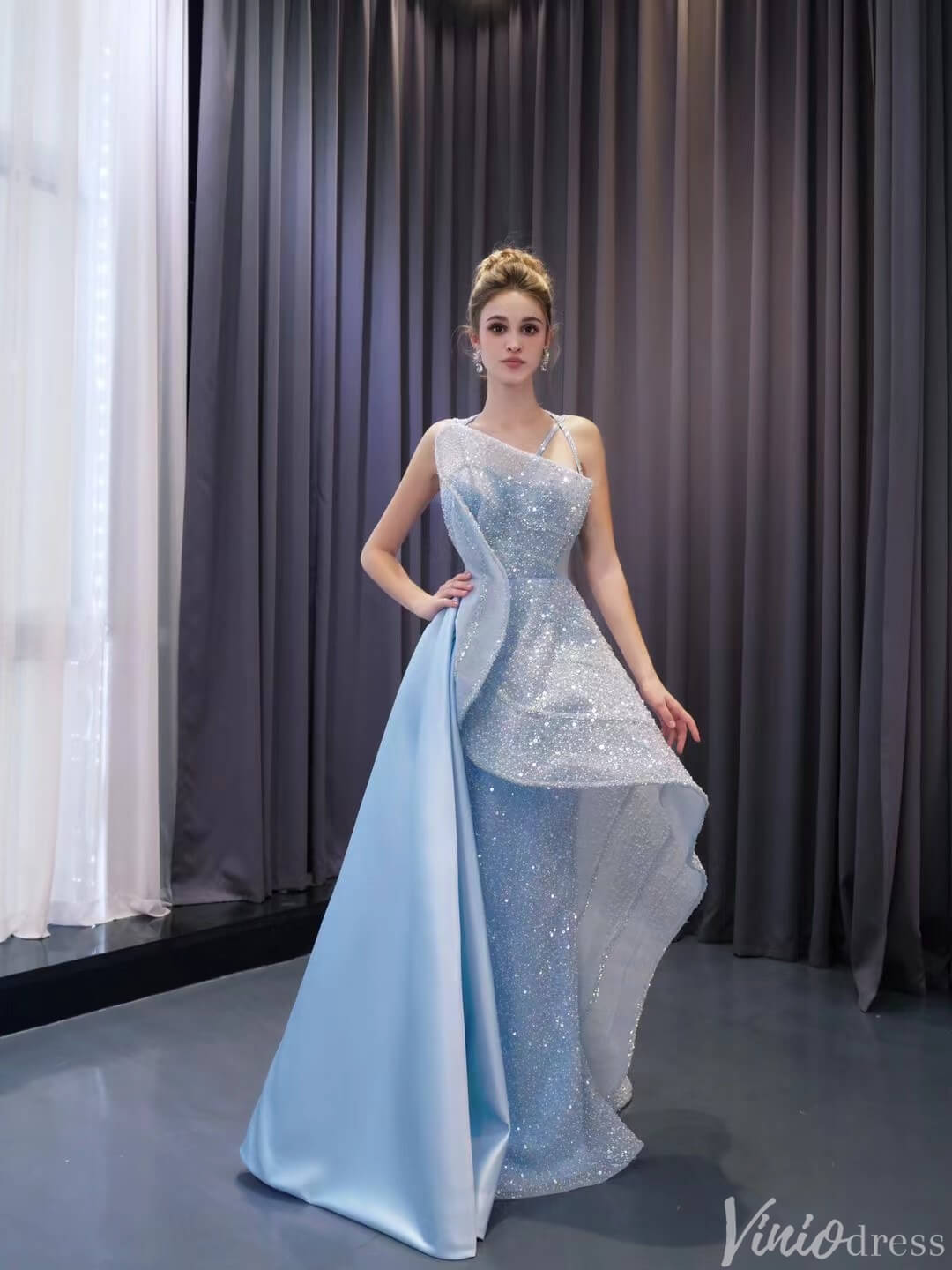 Light Blue Beaded Prom Dresses Asymmetric Skirt Evening Gown 222216