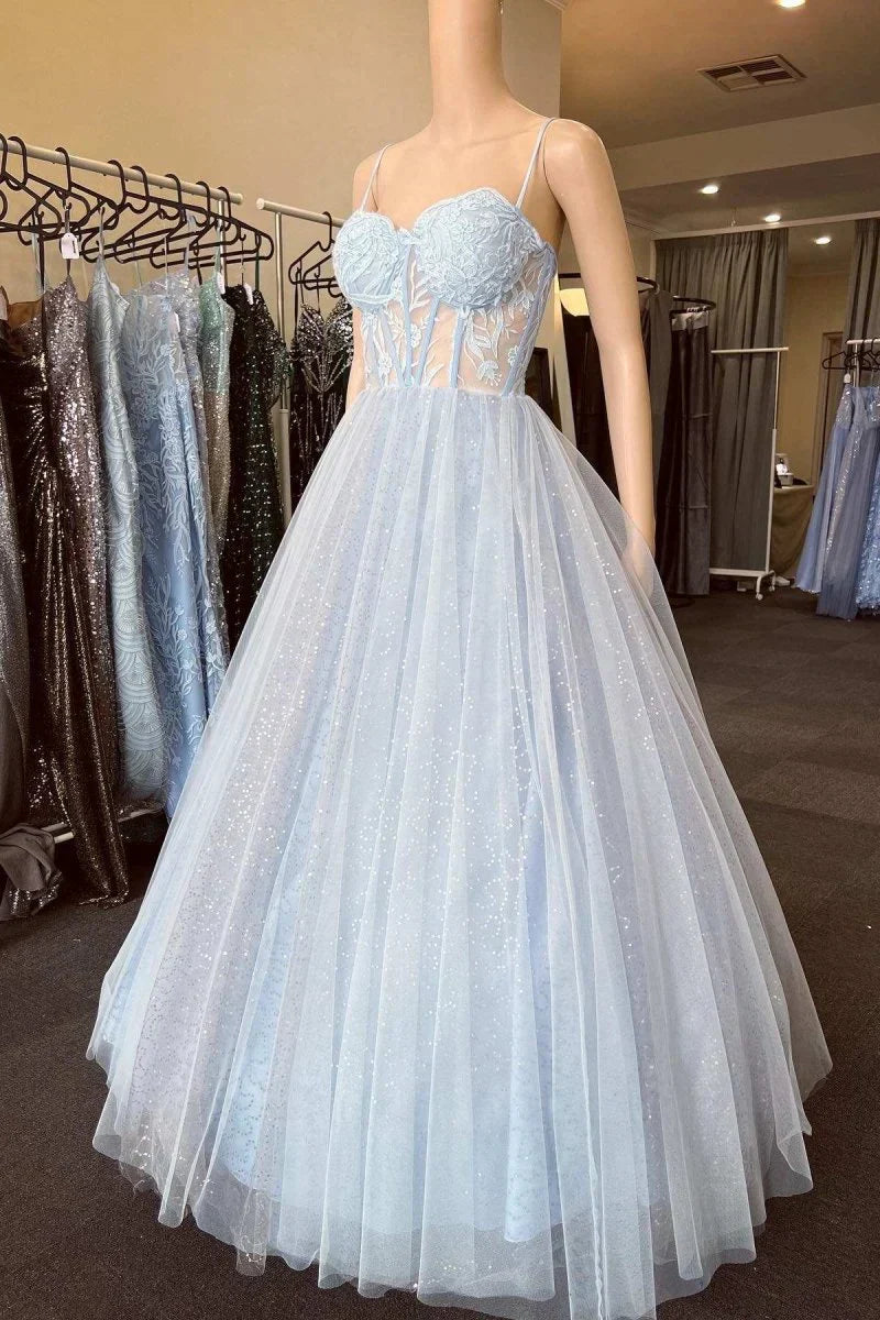 Light Blue Floral Prom Dress Corset Tulle A-Line Formal Gown