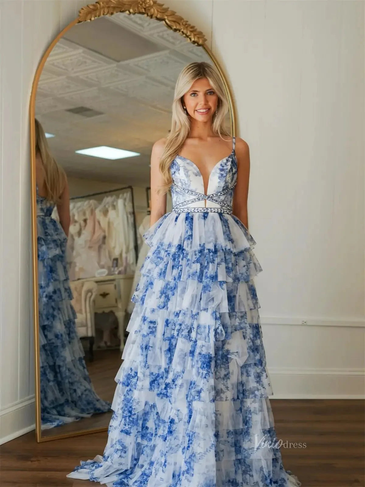 Light Blue Floral Tulle Tiered Prom Dresses with Spaghetti Straps & Sweetheart Neckline - FD5310