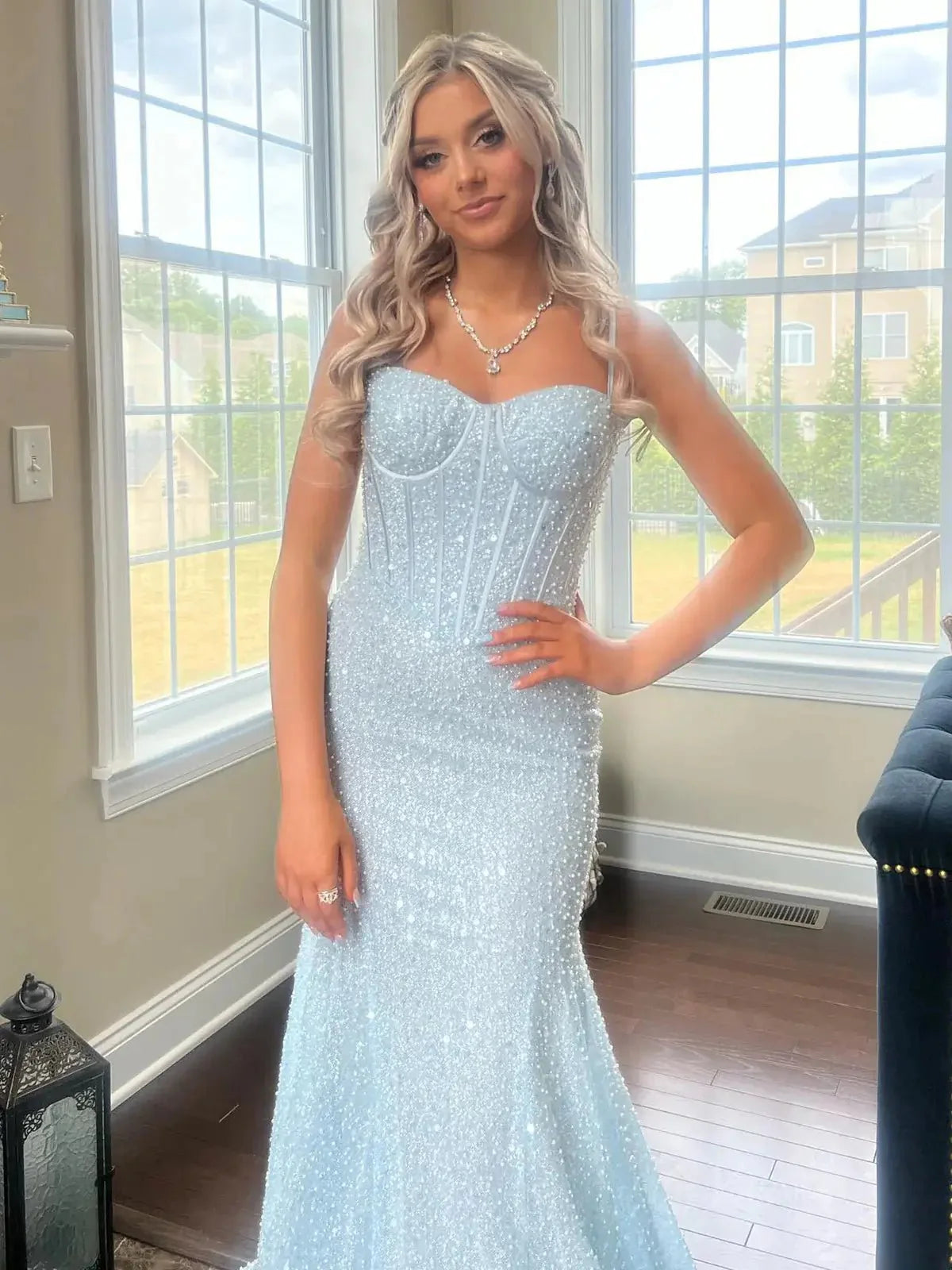 Light Blue Mermaid Prom Dresses 2025 with Spaghetti Strap & Boned Bodice – FD5083