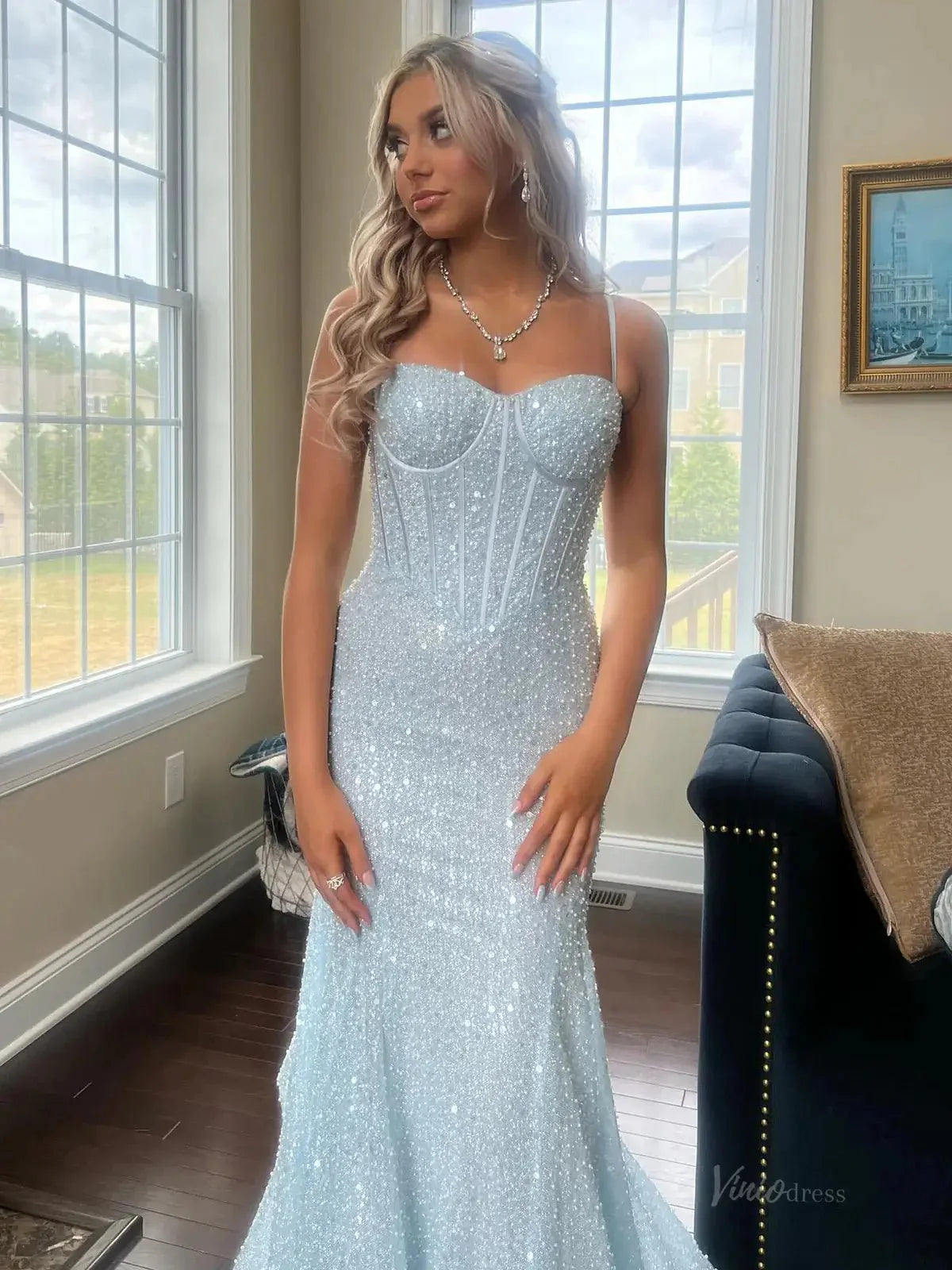 Light Blue Mermaid Prom Dresses 2025 with Spaghetti Strap & Boned Bodice – FD5083