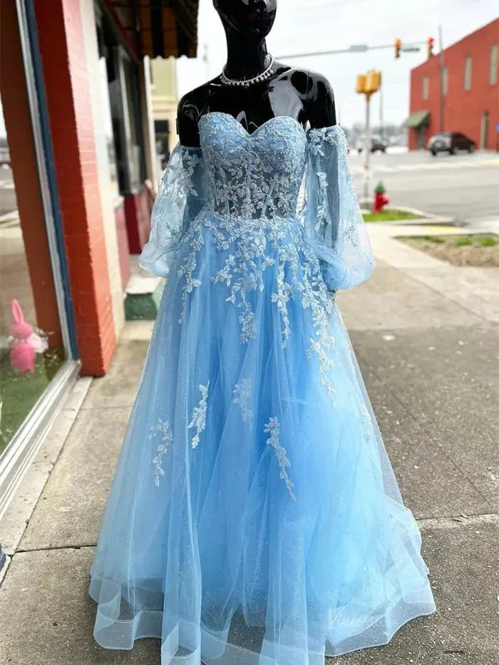 Light Blue Sparkly Tulle Lace Prom Dresses 2025 Removable Long Sleeve Formal Gown - FD5157